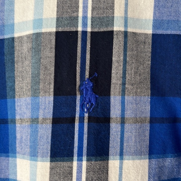 RALPH LAUREN. LARGE (size 14 to 16). Plaid, blues, black white. Classic POLO. - Picture 3 of 4